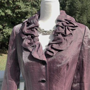 Adrianna Papell Evening Essentials Plum Metallic Shine Ruffled Collar Blazer 8P
